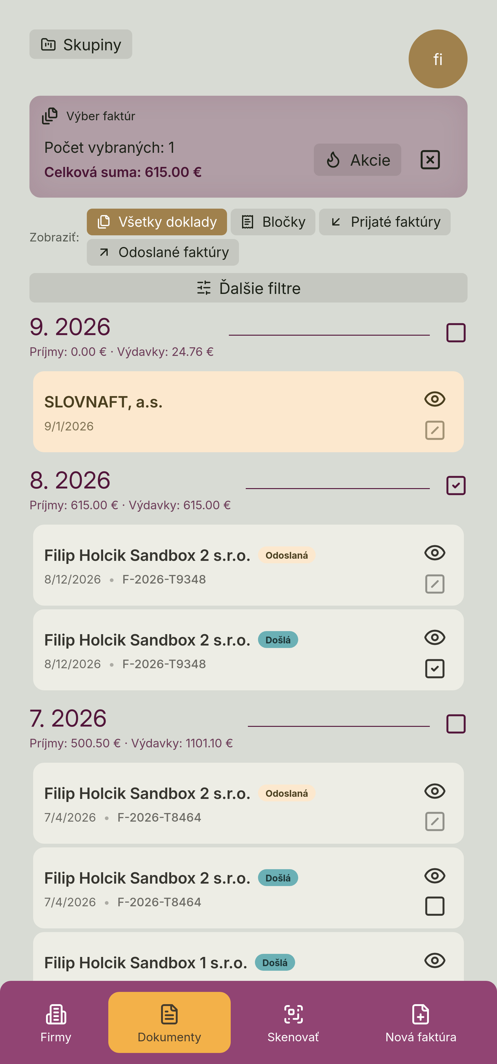 Mobilný prehľad bločkov a prijatých aj odoslaných faktúr v Acco